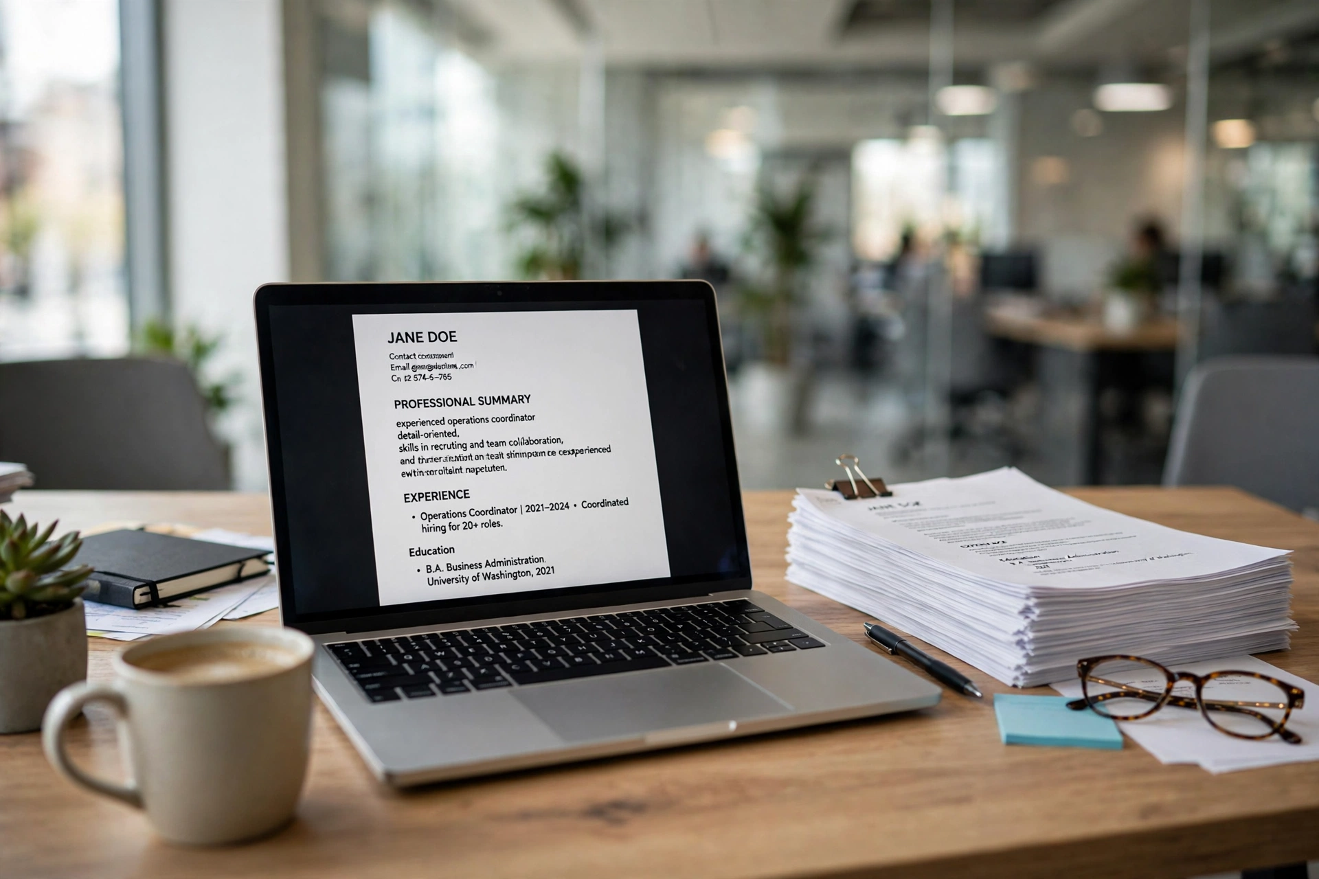 A recruiter's desk with resumes being reviewed